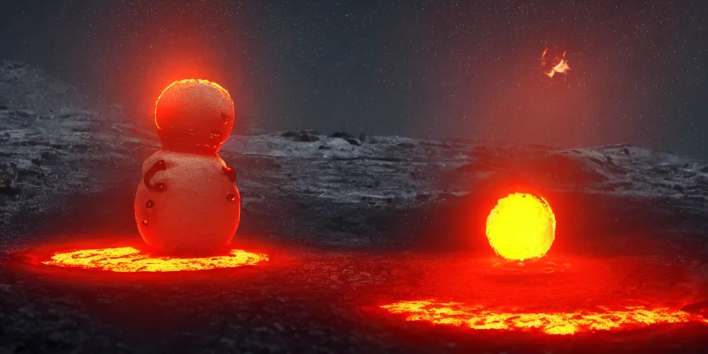 Image similar to a melted glowing snowman melting on top of the sun. the ground is made of fire and lava and is glowing orange. cinematic, dramatic, epic, volumetric lighting, atmospheric, red, orange extremely coherent, masterpiece, highly detailed, trending on artstation, 8 k, space, warm, solar flare, blade runner 2 0 4 9