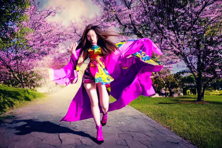 Image similar to photo, young woman running from monster, high heels, colorful kimono