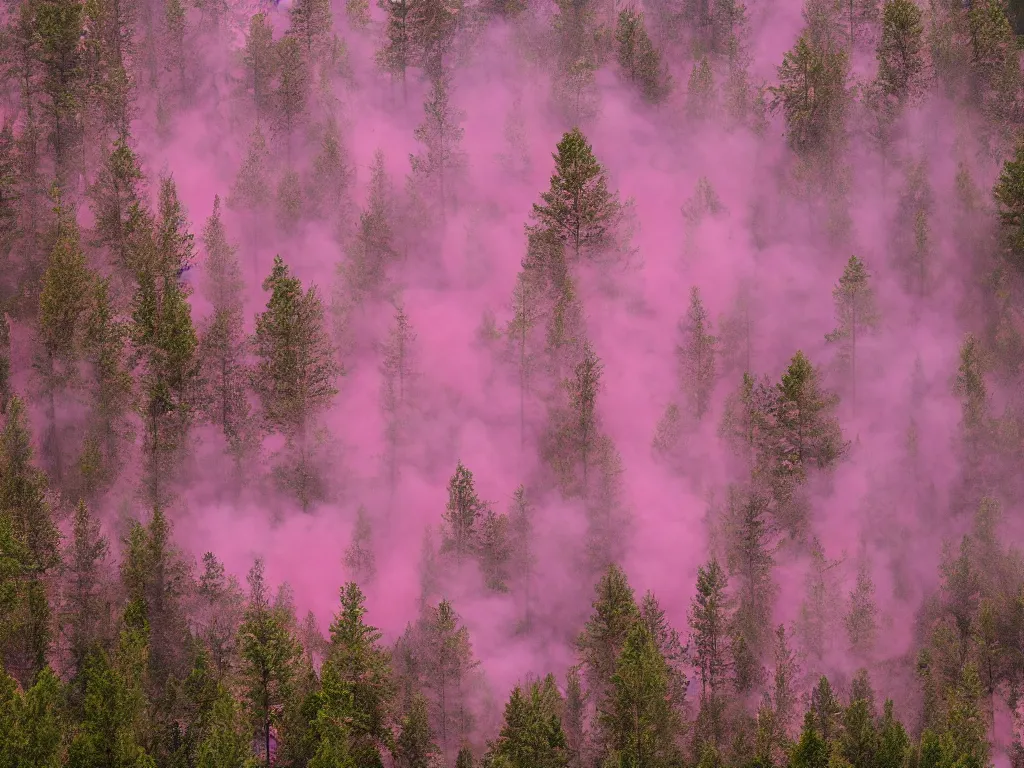 Image similar to forest in pink smoke