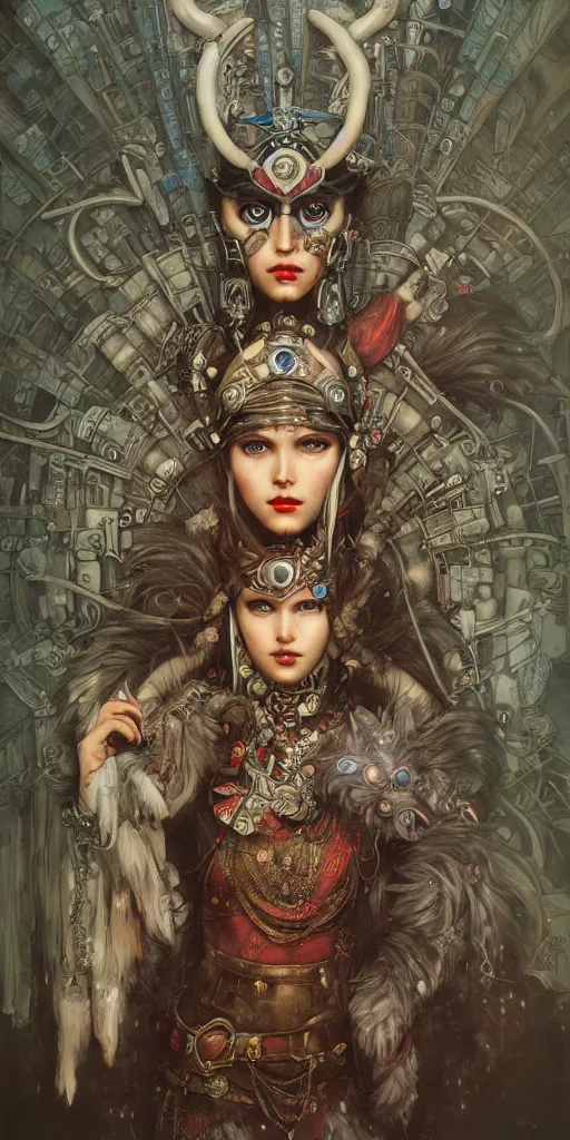 Image similar to hyper realistic Princess Mononoke, ornate mask, wet market street, cyberpunk metropolis, city landscape, jewels, style of tom bagshaw, mucha, james gurney, norman rockwell, denoised, sharp