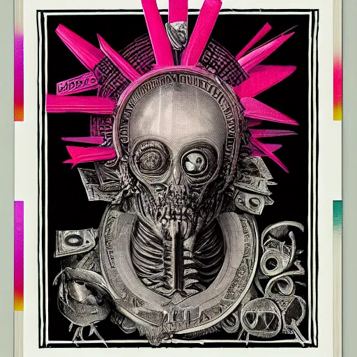 Image similar to post - punk album cover, asymmetrical design, off white frame around, dollar bank note, new age, apocalypse, psychedelic, black white pink, magic, giger h. r., giuseppe arcimboldo