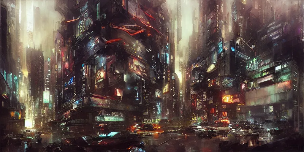 Image similar to “ epic cyberpunk city by zhaoming wu, nick alm, bernie fuchs, hollis dunlap, gregory manchess ”