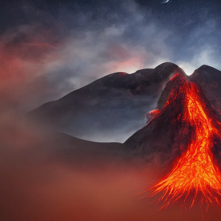 Image similar to a volcanic eruption looks like a beautiful mountain, from which flowers and stars, exotic plants come out instead of lava, all this happens in some kind of fantasy world, almost like in the sky or all in the amazing outdoors view, long exposure, 8 k resolution, trending on artstation