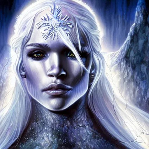 Prompt: head and shoulders portrait of an obsidian - skinned, white - haired drow elf spider wizard portrayed by young jessica alba, in a crystal cavern, d & d, fantasy, luis royo, magali villeneuve, donato giancola, wlop, krenz cushart