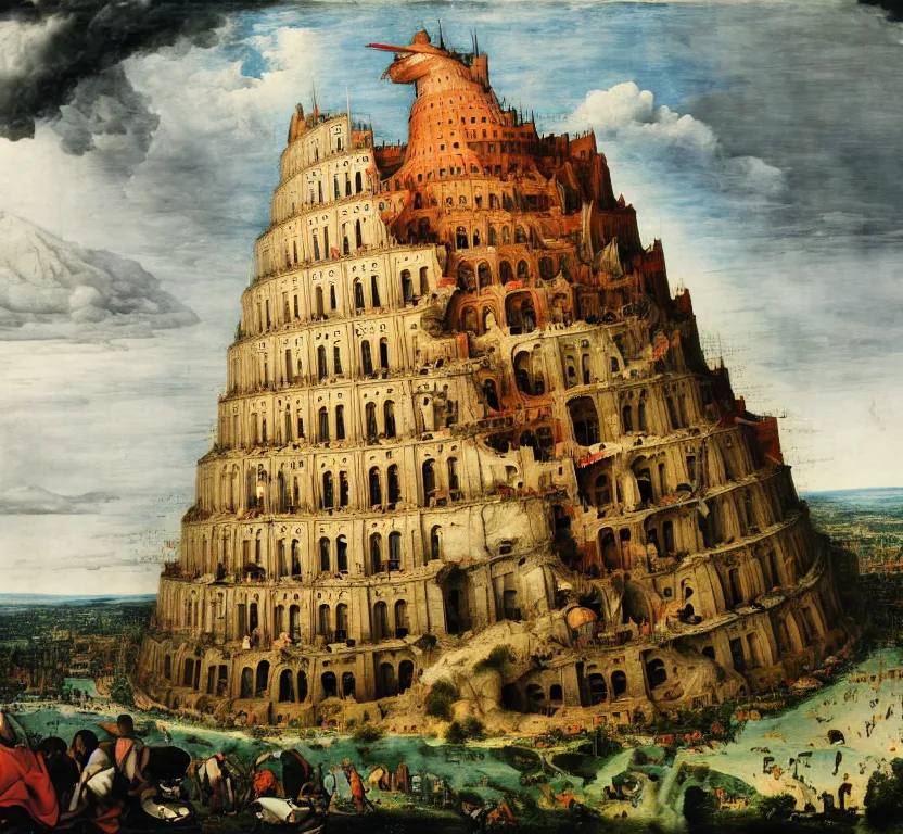 Prompt: the tower of babel after it collapses into rubble, hit by an explosion, by pieter breugel the elder