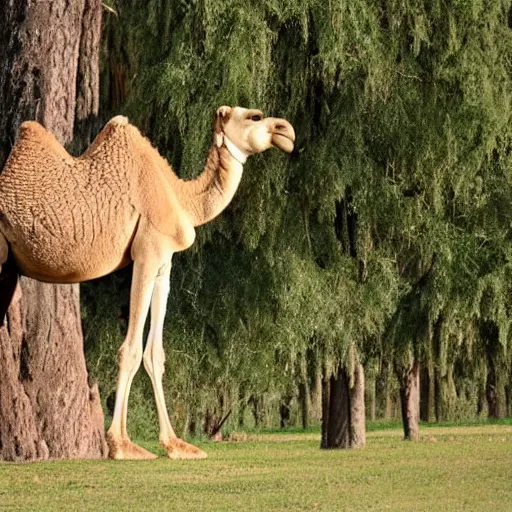 Prompt: a camel standing on a tree