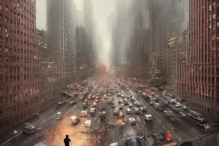 Prompt: beautiful matte painting of boy looking from his window on traffic jam on the streets of neo new york by greg rutkowski