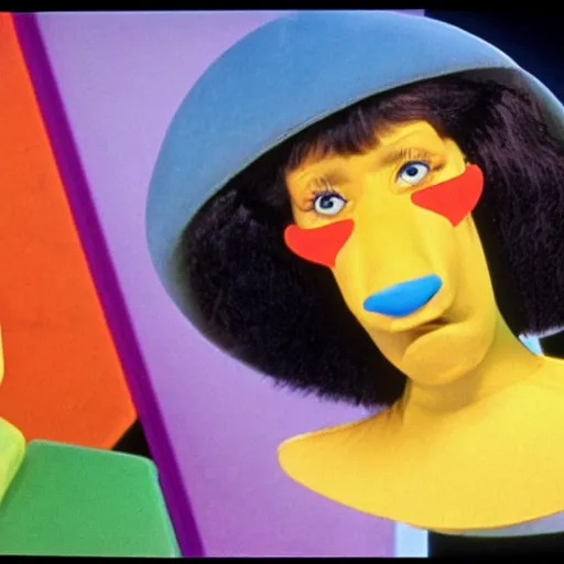 Prompt: children's tv show about a woman with a nostril face, long snout, wacky live-action children's television show, 1974, technicolor