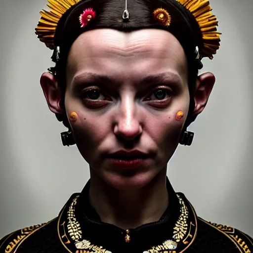 Image similar to Colour Caravaggio style Photography of Highly detailed beautiful Woman with 1000 years perfect face and wearing detailed Ukrainian folk costume designed by Taras Shevchenko also wearing highly detailed retrofuturistic sci-fi Neural interface designed by Josan Gonzalez. Many details In style of Josan Gonzalez and Mike Winkelmann and andgreg rutkowski and alphonse muchaand and Caspar David Friedrich and Stephen Hickman and James Gurney and Hiromasa Ogura. Rendered in Blender and Octane Render volumetric natural light