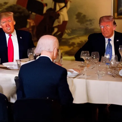 Image similar to Trump and Biden having dinner at a fancy Greek restaurant, award winning cinematic photography, 50 mm, blurred background, trending on Flickr