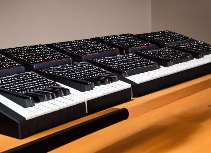 Image similar to photo still of a rack of keyboard synthesizers, 8 k, studio lighting, overhead light