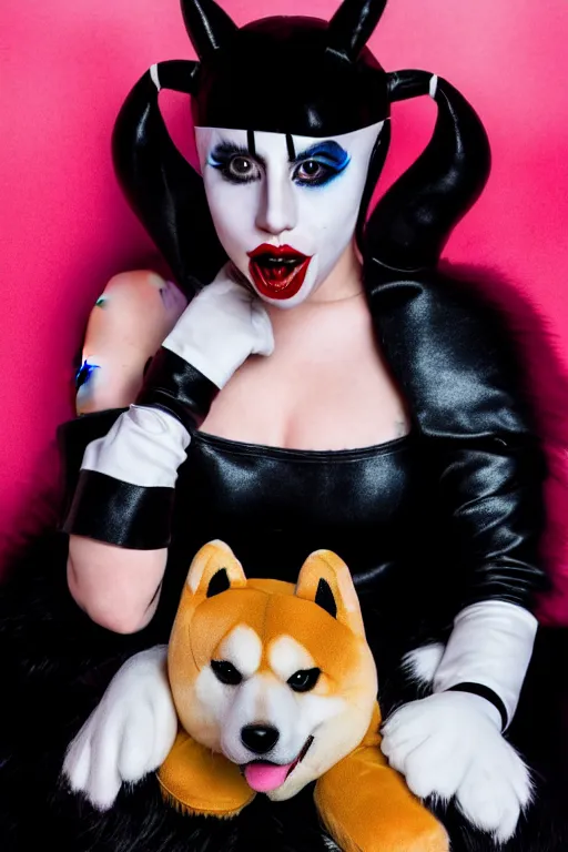 Image similar to lady gaga dressed as harley quinn attacked by plush shiba inu, plush toy, luxury materials, symmetrical, cinematic, elegant, professional studio light, real dlsr photography, sharp focus, 4 k, ultra hd, sense of awe, high fashion