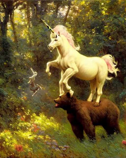 Image similar to unicorn versus bear, enchanted forest, painting by gaston bussiere, craig mullins, j. c. leyendecker