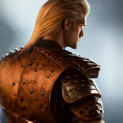 Image similar to rear side portrait of a muscular, ponytail haired blonde man with only left arm armored, wearing a thick brown leather coat, looking to his left, DnD, fantasy, dramatic lighting, digital art by Ruan Jia, Donglu Yu