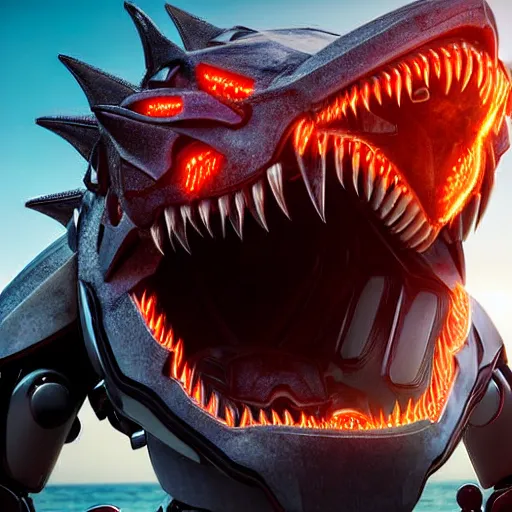 Image similar to close up maw shot of a cute stunning robot anthropomorphic female dragon, with sleek silver armor, a black OLED visor over the eyes, looking at the camera, her dragon maw open in front of the camera, camera looking down into the maw, seeing the gullet, tongue, and teeth, about to consume you, on the beach at sunset, highly detailed digital art, furry art, anthro art, sci fi, warframe art, destiny art, high quality, 3D realistic, mawshot, dragon art, Furaffinity, Deviantart