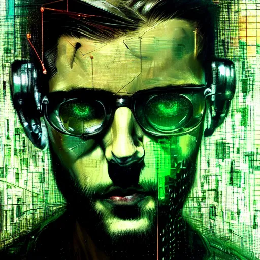 Prompt: hyperrealistic portrait of a cyberpunk man, medium hair, confident, cybernetics, immersed within a network, by Guy Denning, Derek Gores, Russ Mills, glitch art, hyper focus, fined detail, polished, complex, hacking effects, holographic, digital tech effects, color blocking!, green, realistic, acrylic on canvas, concept art, abstract, 8k. trending on cgsociety, trending on artstation