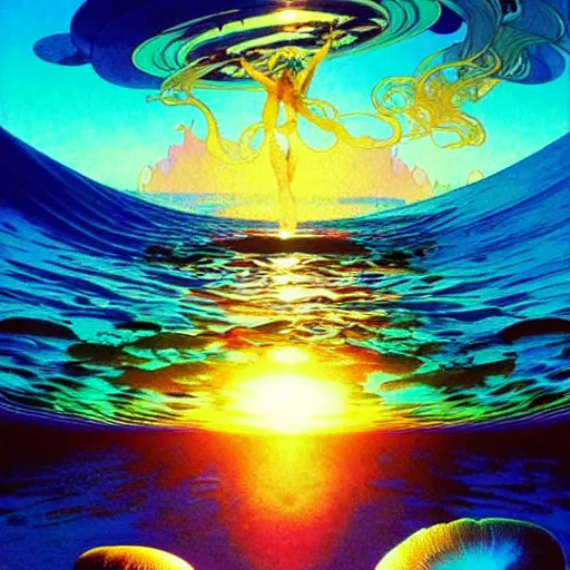 Prompt: ocean wave around giant psychedelic mushroom, lsd water, dmt ripples, backlit, sunset, refracted lighting, art by collier, albert aublet, krenz cushart, artem demura, alphonse mucha