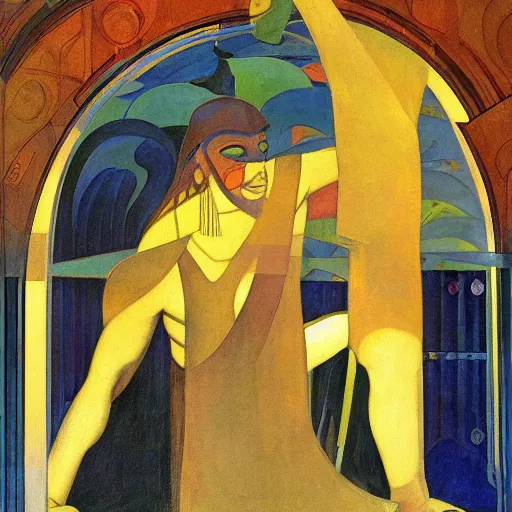 Image similar to the shaman of the subway, an art deco painting by leo and diane dillon and annie swynnerton and diego rivera and nicholas roerich, dramatic lighting, god rays, smooth, sharp focus, highly detailed