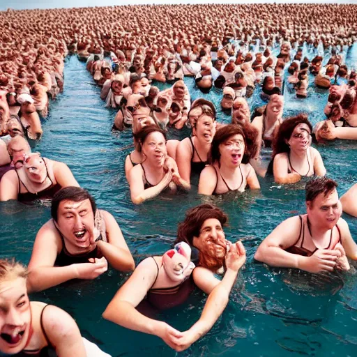 Prompt: human swims in sea of nutella, photograph