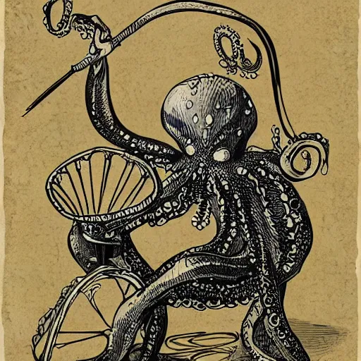 Prompt: illustration of an octopus drummer