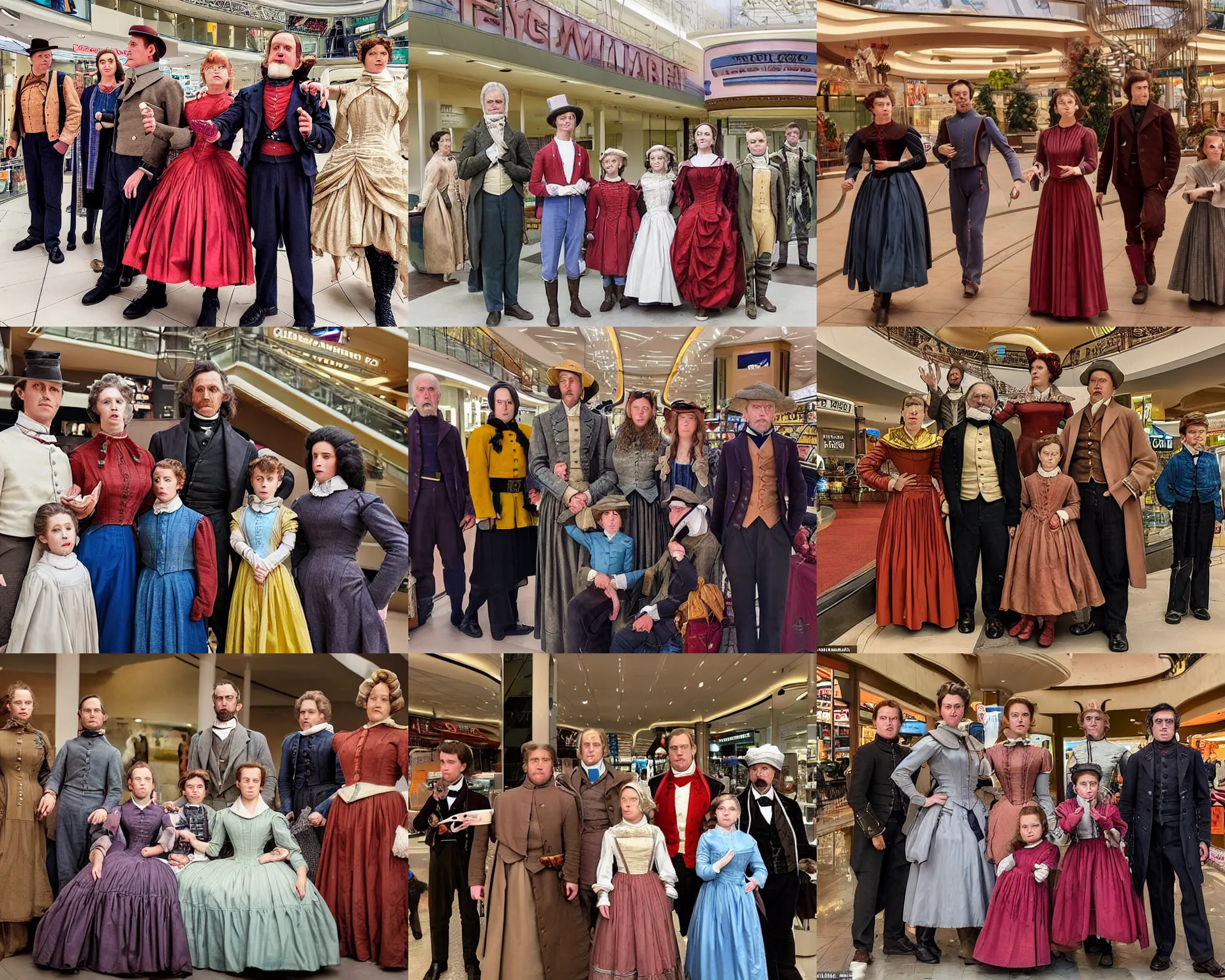 Prompt: sharp, detailed, still from a sci fi blockbuster color movie made in 2019, a family of four time travelers from 1860 travel in time to 2019, appearing in a shopping mall, looking surprised, the family are all wearing 1860s era clothes, good lighting, in focus