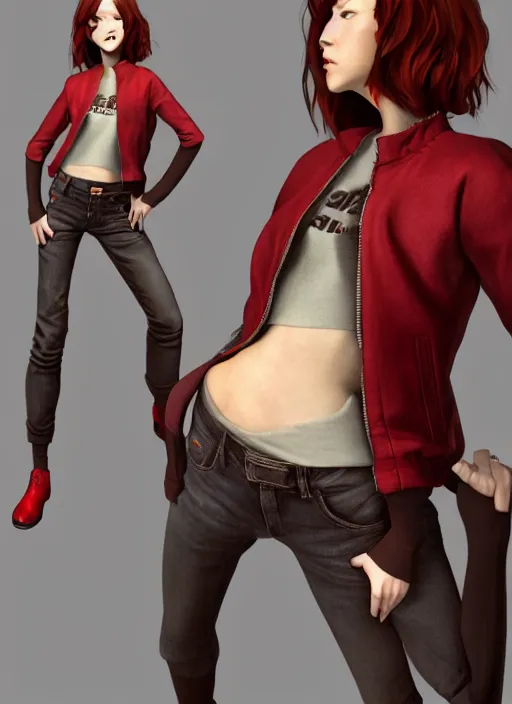 Prompt: 3D model of a full-body shot of an attractive tomboy girl with long, crimson red hair and red eyes, wearing a brown, open jacket and green jeans with a stern look, concept art, character design, by WLOP, by Ross Draws, by Tomine, by Satoshi Kon, by Rolf Armstrong, by Peter Andrew Jones