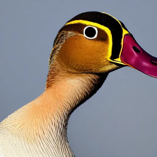 Image similar to A high detail closeup shot of a duck wearing a suit