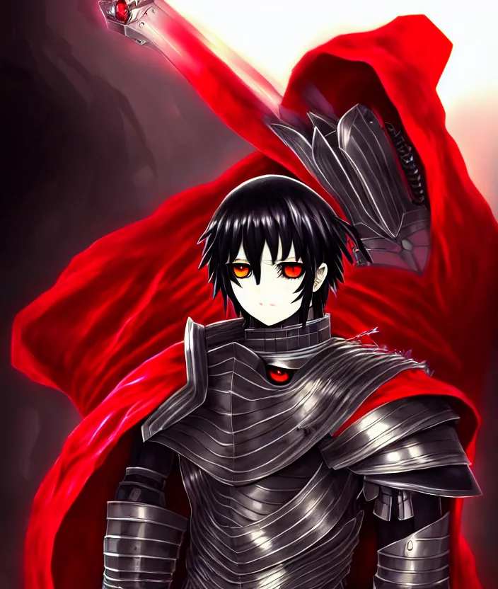 Image similar to a detailed manga illustration character full body portrait of a dark haired armoured cyborg anime man who has a red mechanical eye and is wearing a cape, trending on artstation, digital art, 4 k resolution, detailed, high quality, sharp focus, hq artwork, insane detail, concept art, character concept, character illustration, full body illustration, cinematic, dramatic lighting