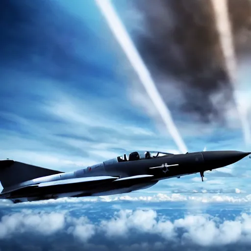 Prompt: two jets, flying towards each other, one is upside down, blue explosion in the background, realistic, 4 k, hdr, cinematic scene, clouds, topgun