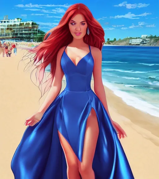 Prompt: beautiful princess wearing a skintight satin prom dress on the beach drawn by artgerm