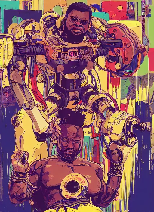 Image similar to chidi igwe. buff cyberpunk weight lifter. robotic arm. portrait illustration, pop art, splash painting, art by geof darrow, ashley wood, alphonse mucha, makoto shinkai, laurie greasley, josan gonzales ( apex legends )