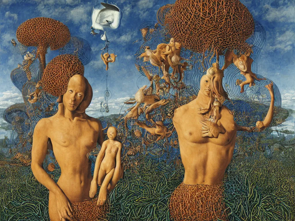 Image similar to Portrait of the African god albino holding the caged fantastic fractal bird at her chest, sculpture, Henri Moore giant, blue eyed, flowing milk, lightning network. Boulders of spiked fungi. Painting by Lucas Cranach, Rene Magritte, Jean Delville, Max Ernst, Maria Sybilla Merian, Roger Dean