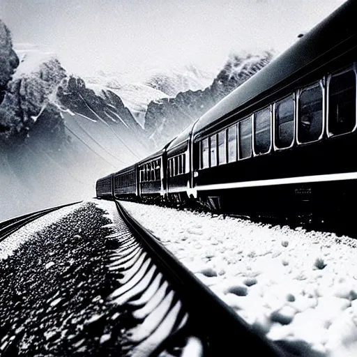 Prompt: Stunning photograph of The Orient Express navigating The Alps by genius photographer Hercule Poirot