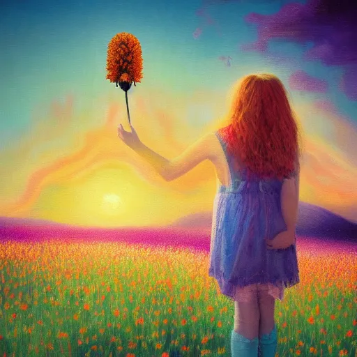 Prompt: girl with a enlarged up flower as a face, surreal photography, dream, standing in flower field, hills, big trees, sunrise dramatic light, impressionist painting, colorful clouds, digital painting, pointillism, artstation, simon stalenhag, flower face