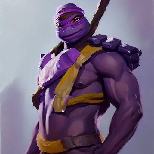 Image similar to Greg Manchess portrait painting of Donatello of TMNT as Overwatch character, medium shot, asymmetrical, profile picture, Organic Painting, sunny day, Matte Painting, bold shapes, hard edges, street art, trending on artstation, by Huang Guangjian and Gil Elvgren and Sachin Teng