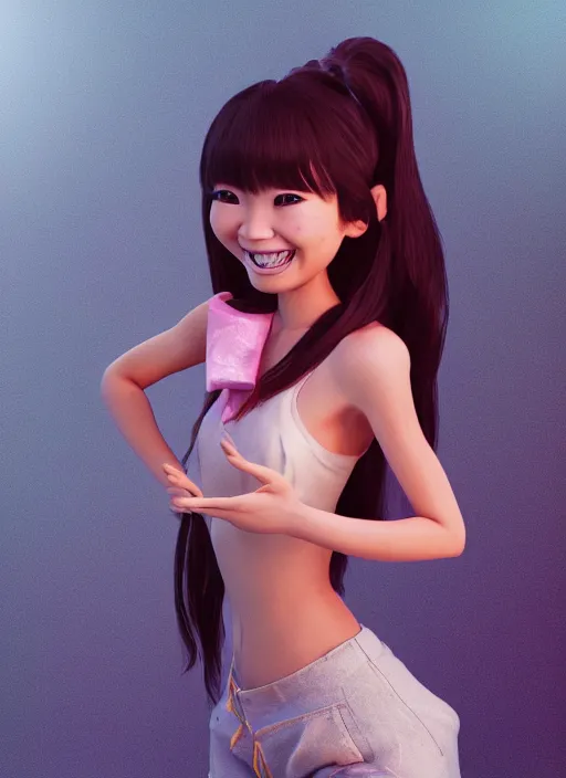 Image similar to a cute asian girl smiling, flowing hair in the style of pixar animation, full body shot, viewed from bellow, award winning, hyper detailed, studio lighting, artstation, octane renderer, unreal engine