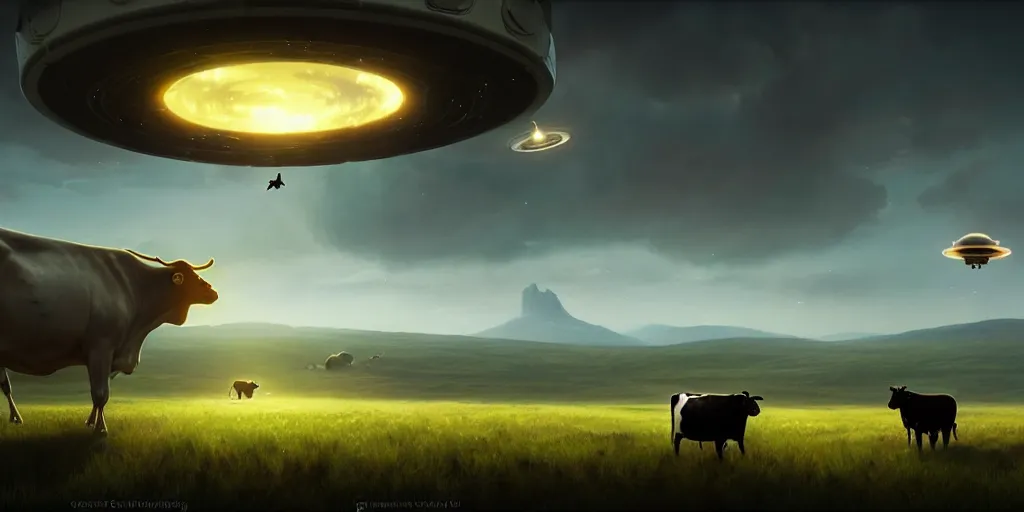 Image similar to a beautiful ufo abducting a cow from a field, digital art, landscape, fantasy art, octane render, unreal engine, high detail, very realistic, by greg rutkowski. by james gurney