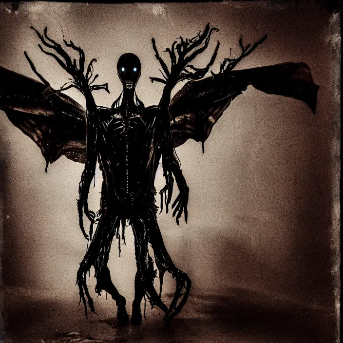 Image similar to a dark artistic photo of an alien creature with crazy wings, liminal eerie midnight backlit, big budget horror, a polaroid photo, bleeding decaying colors!