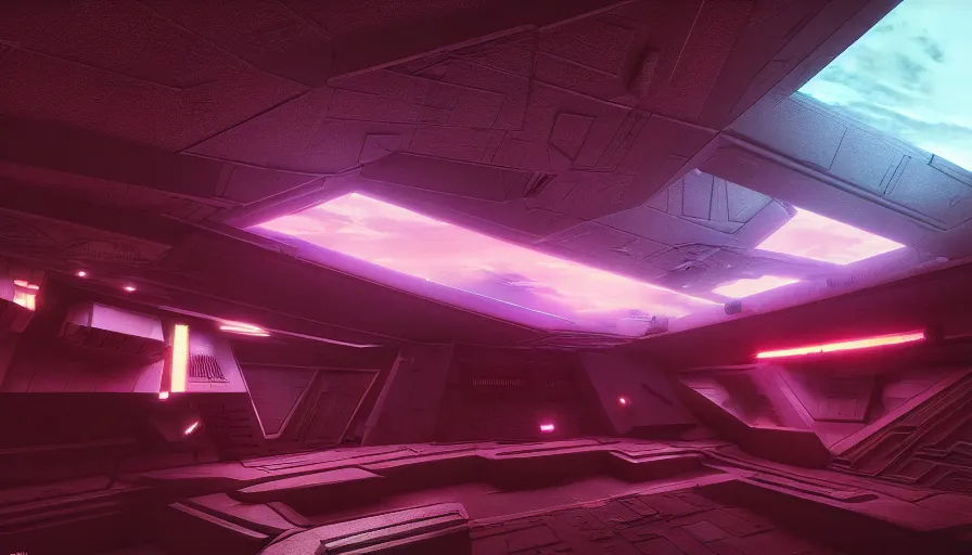 Prompt: interior of a star destroyer, synthwave!, dramatic lighting, wallpaper, artstation, 8 k