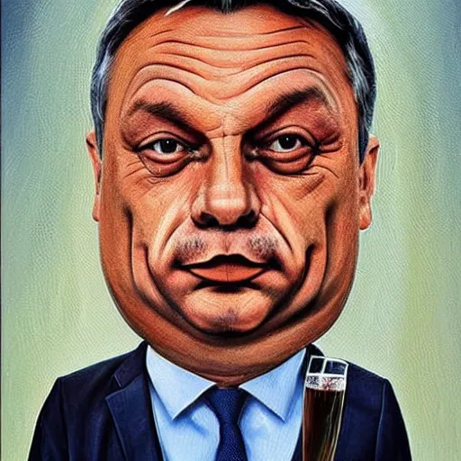 Image similar to viktor orban drinking beer, anatomically correct, oil painting, highly detailed