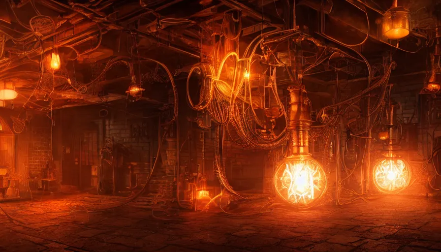 Prompt: A glowing electrical Steampunk shoes in a victorian museum, james gurney, cinematic lighting, lots of steam and sparks, wires made of copper, artstation, vibrant nature, Tuomas Korpi, tekkon kinreet, volumetric light, artstation, , octane render, redshift render, low angle camera, rich deep moody colors