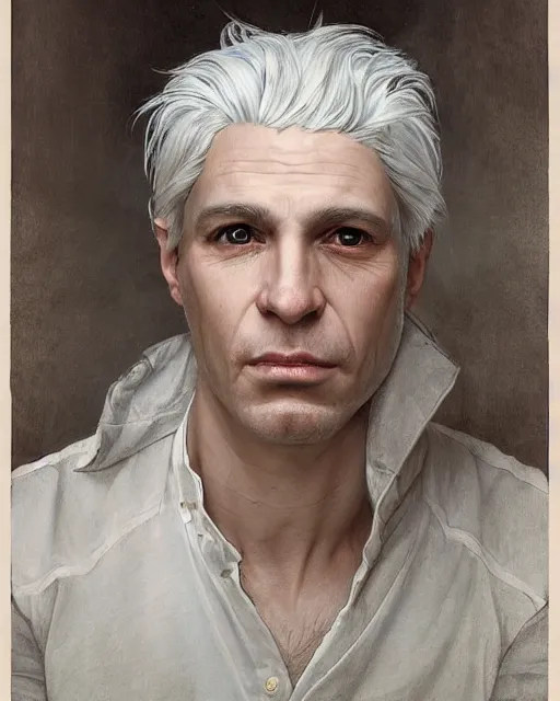 Image similar to portrait of 4 0 - year - old man with white hair with a pale complexion, pointed face and grey eyes, clear smooth face, no beard wearing black clothes, hyper realistic face, beautiful eyes, close up, fantasy art, in the style of greg rutkowski, intricate, alphonse mucha, hyper detailed, smooth