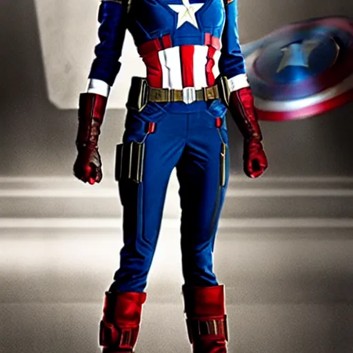 Image similar to Emma Stone as captain America with avengers