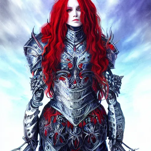 Image similar to a gorgeously defined character with long red hair and immensly glowing eyes, wearing armor with blue baggy pants, surrealism art, portrait!!, intricately detailed, 4 k quality