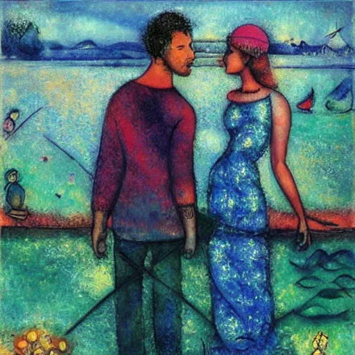 Prompt: a beautiful computer art of a man and a woman are standing on a dock, looking out at a body of water. the woman has her hand on the man's shoulder, and they appear to be deep in conversation. the colors in the computer art are muted, and the scene has a calming feeling. by bruce munro, by marc chagall natural, weary