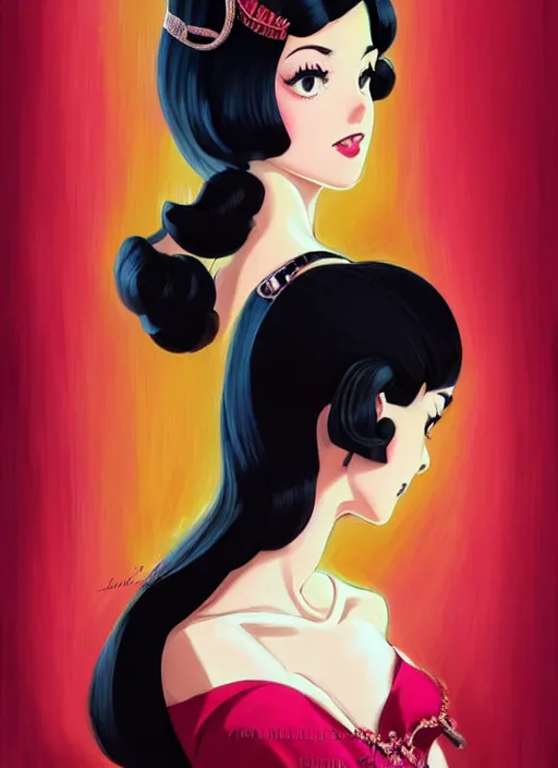 Image similar to a beautiful girl with black hair in 1950's fashion, ballroom background, intricate, highly detailed, digital painting, artstation, official media, anime key visual, concept art, rich vivid colors, ambient lighting, sharp focus, illustration, art by Artgerm, Makoto Shinkai, Ilya Kuvshinov, Lois Van Baarle, and Rossdraws