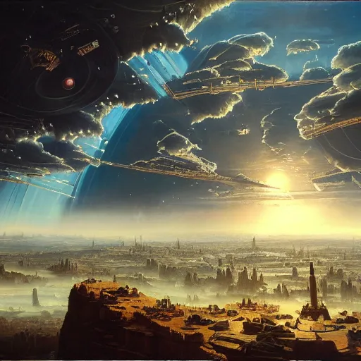 Image similar to A vast planetary sci fi city by Ansel Adams and Bernardo Bellotto, oil on canvas, artstation, dramatic scenery, masterpiece, aesthetic