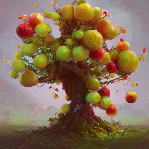 Image similar to tree made of fruits, by wlop, rossdraws, james jean, andrei riabovitchev, marc simonetti, yoshitaka amano, artstation, cgsociety