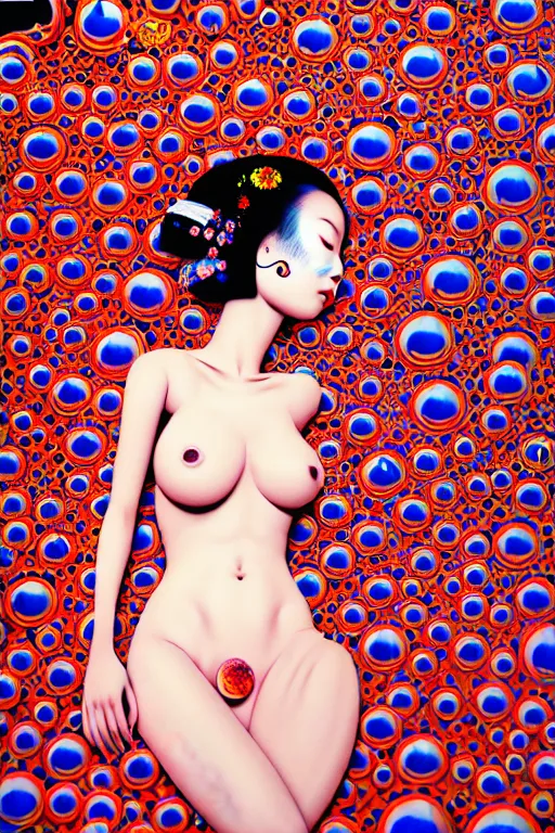 Prompt: realistic detailed image of a geisha laying down in a padded room, conjuring psychedelic background, part by yayoi kusama, part by alex gray, part by ross tran, part by james jean, ultra realistic, highly detailed, life like face, detailed body, 8 k, trending on artstation, very cohesive, masterpiece