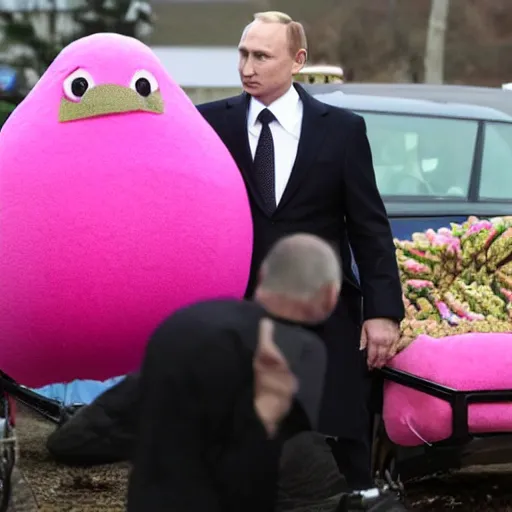 Image similar to vladimir putin dressed in a pink avocado costume